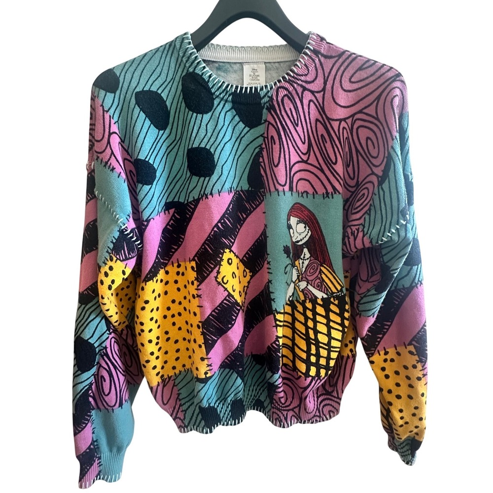 Disney Nightmare Before Christmas Sally Patchwork Sweater Pink Teal Womens Large